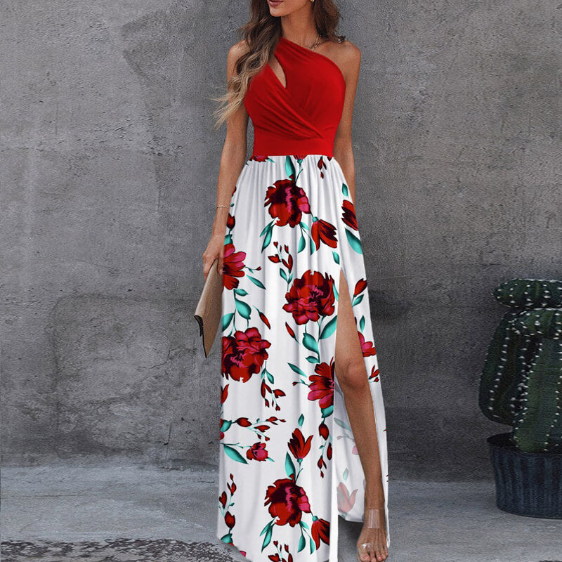 One Shoulder Slit Maxi Party Dress