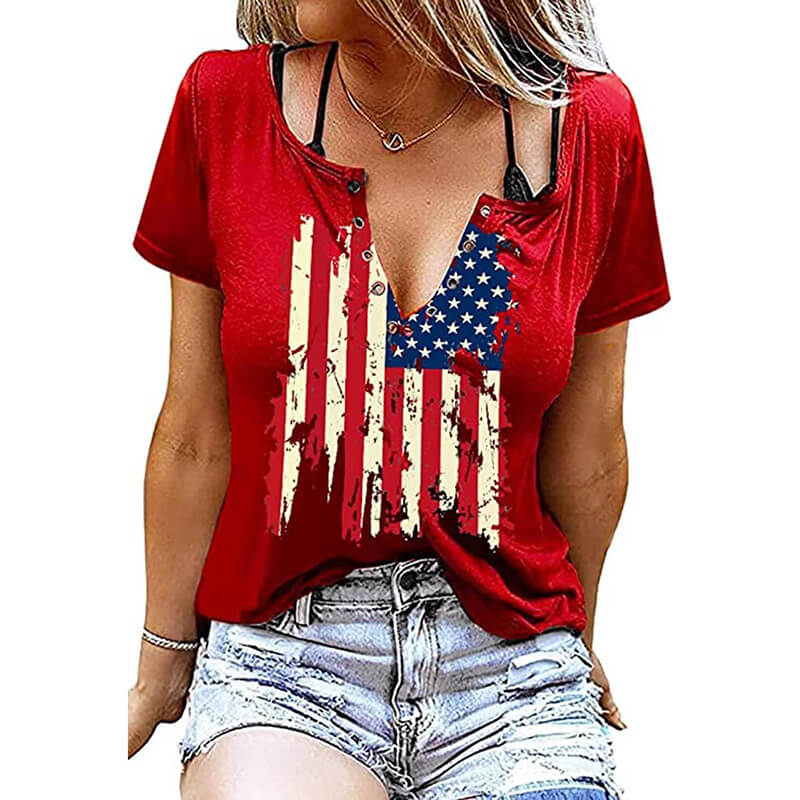 Independence Day Flag Print V-Neck Short Sleeve