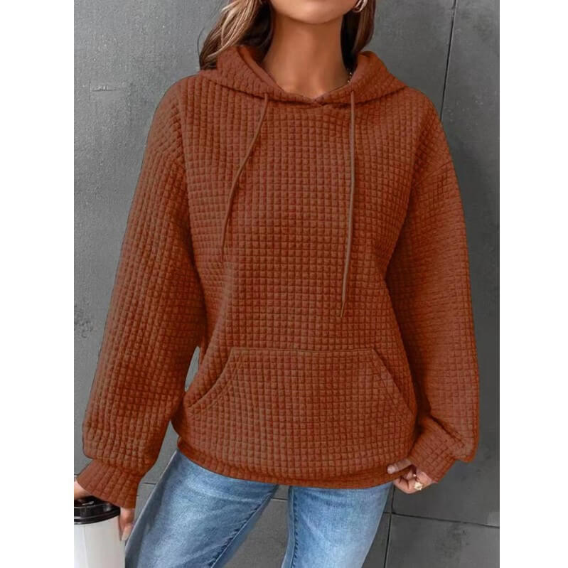 Solid Color Waffle Round Neck Long Sleeve Sweatshirt
