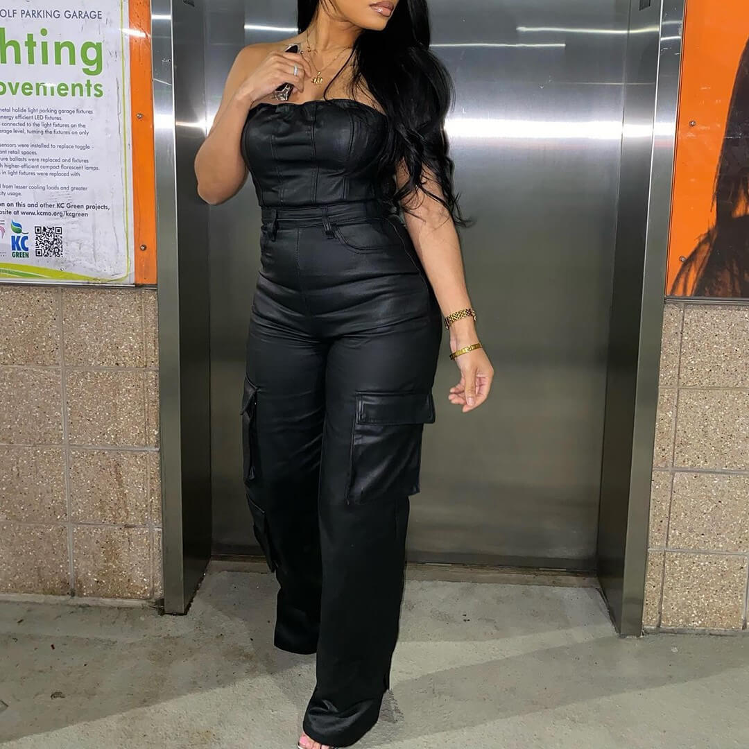 Strapless bustier waisted PU leather jumpsuit