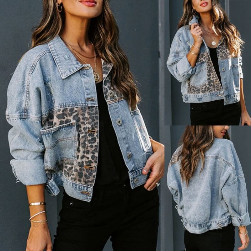 Leopard print patchwork denim jacket coat