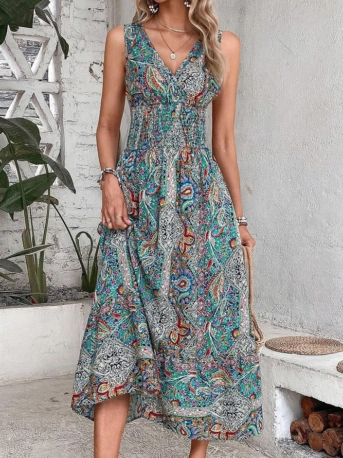 Boho Paisley Print Shirred Midi Dress
