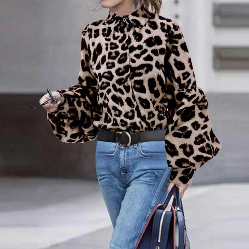 Loose-Fitting Leopard Print Polka Dot Long Sleeve Shirt