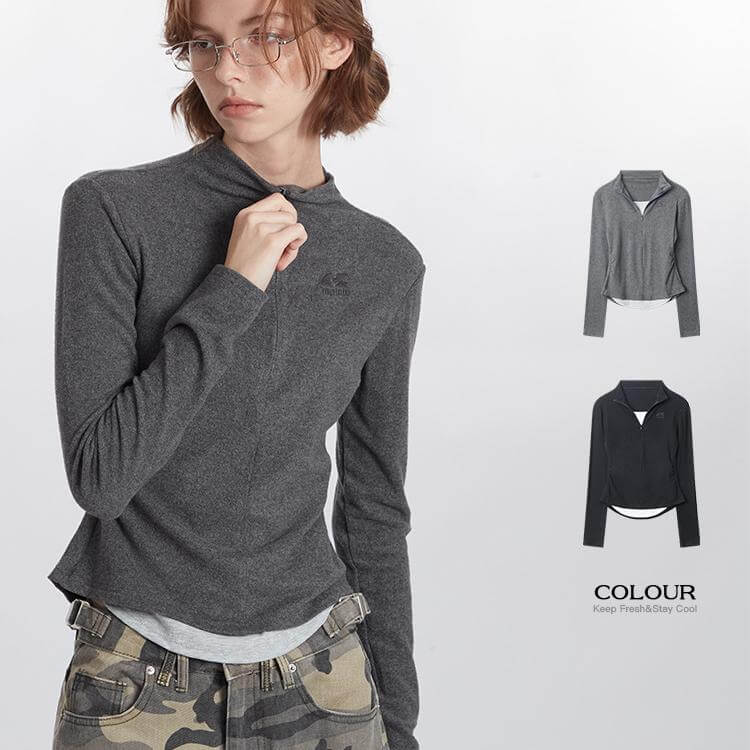Slim Half Zipper Fake Two Piece Long Sleeve T-Shirt