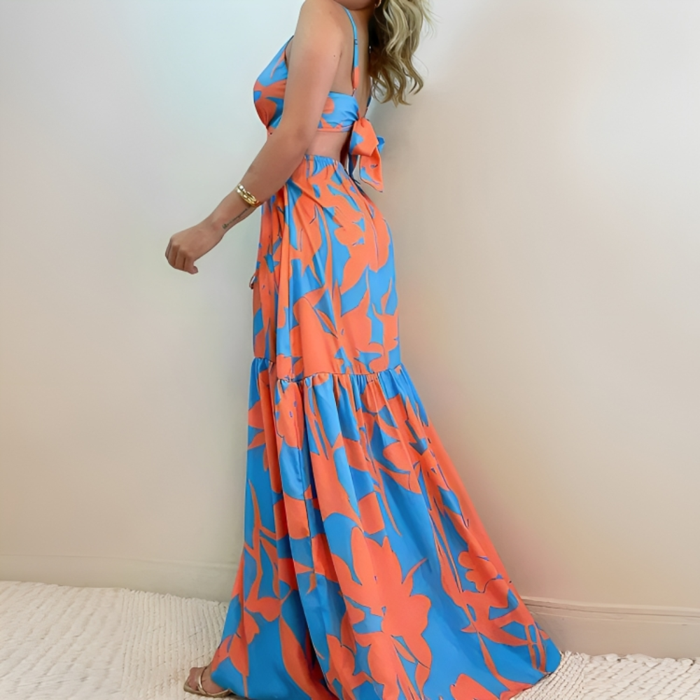Retro Print Hollow Backless Maxi Dress