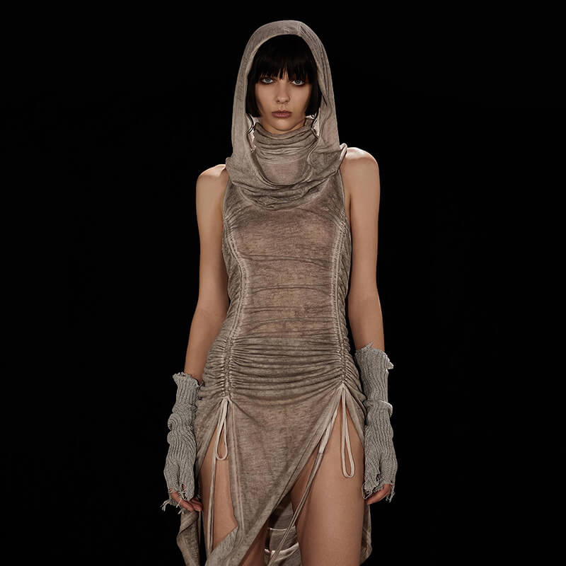 High-necked hooded ruched waist-slimming cutout slit dress