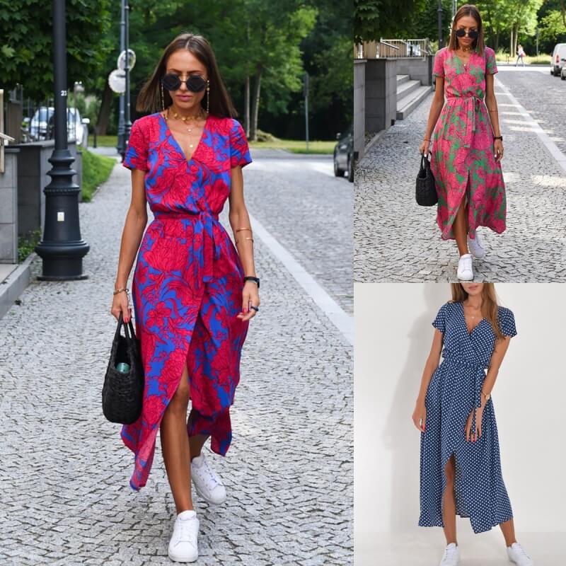 V-Neck Split Mid-Length Printed Dress