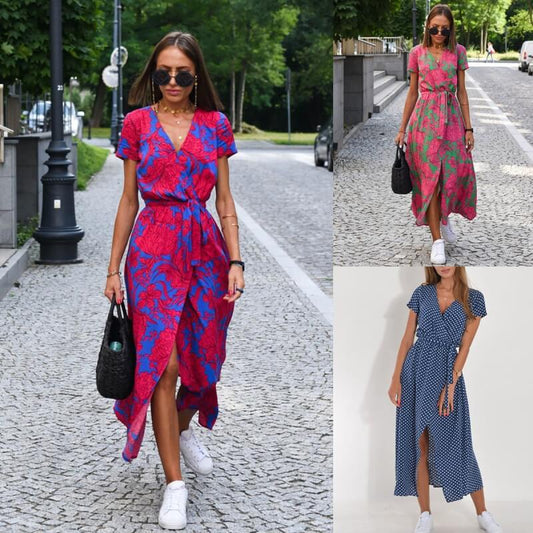 V-Neck Split Mid-Length Printed Dress