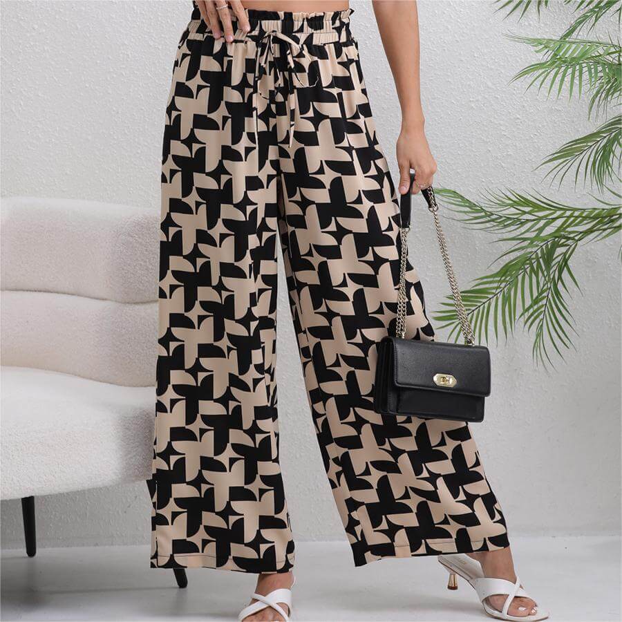 Casual Printed Loose Wooden Trim Pants