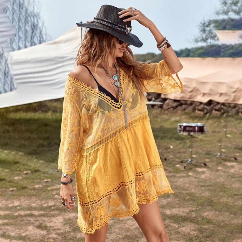Sheer Embroidered V-Neck Dress Cover-Up