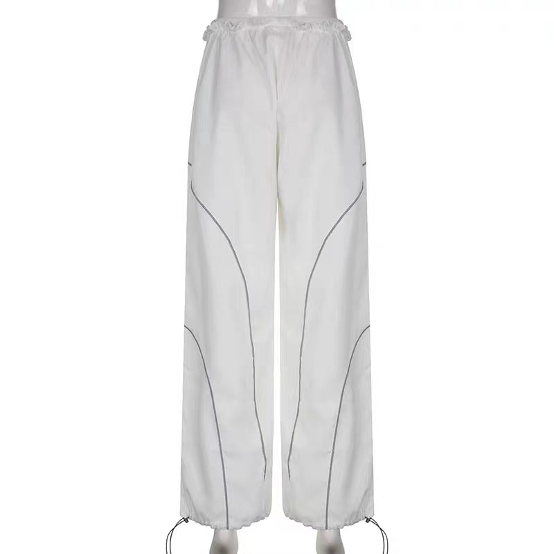 Sports Style Elastic Waist Taped Foot Loose Straight Casual Pants