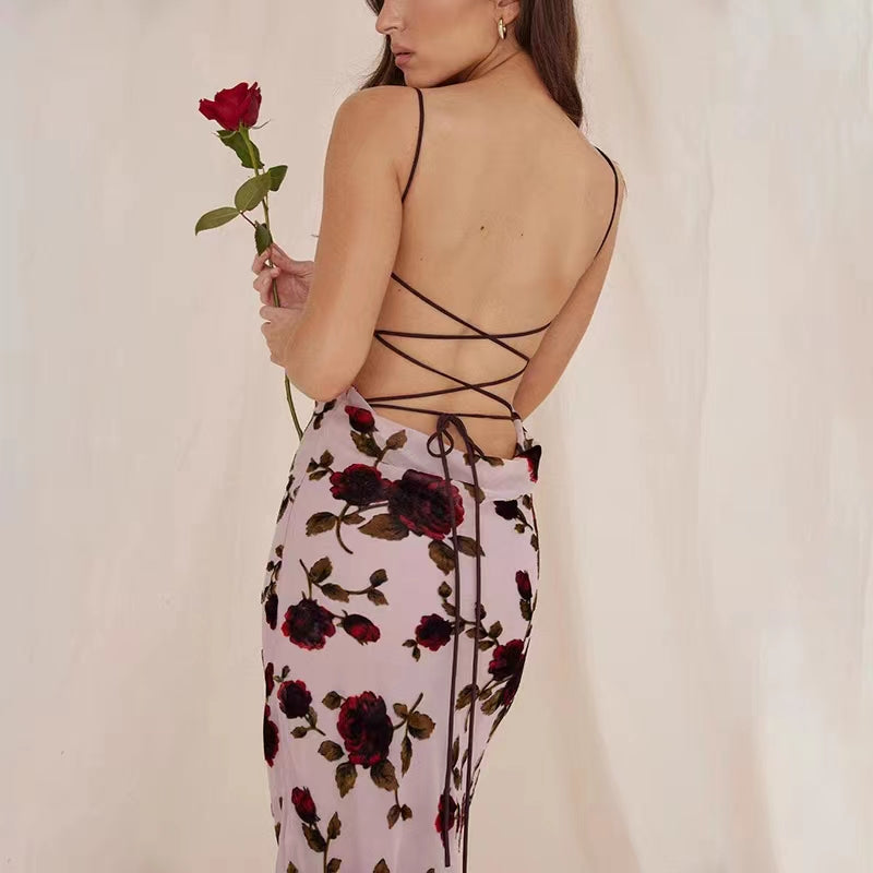 Pink Floral Backless Slip Dress
