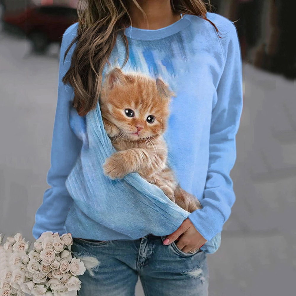 3D Cat Print Long Sleeve Casual Top