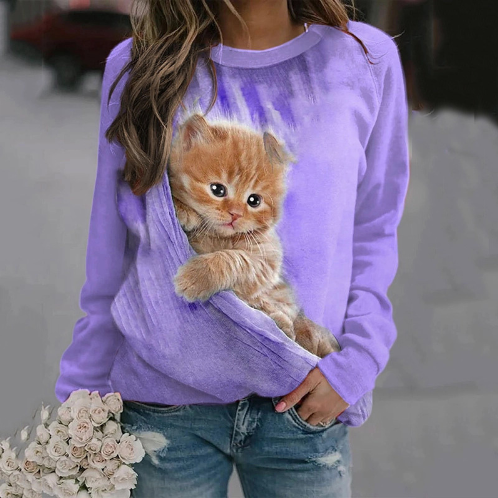 3D Cat Print Long Sleeve Casual Top