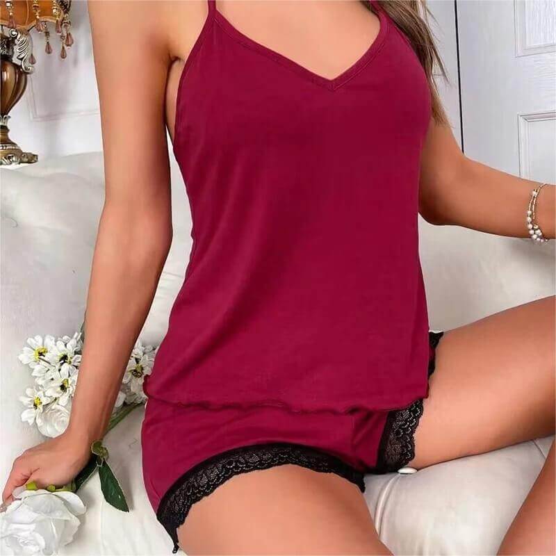 Sexy Solid Women's Crochet Lace Pajamas Sleeveless V-Neck Set