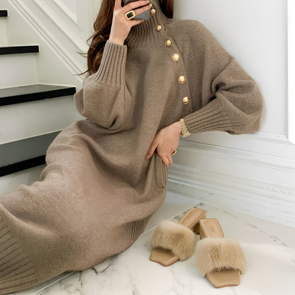 Tied Detail Buttoned Longline Knit Jumper Dress