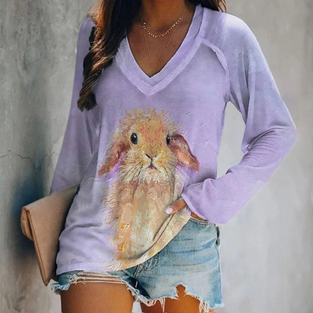 Casual V Neck Cute Bunny Print Top