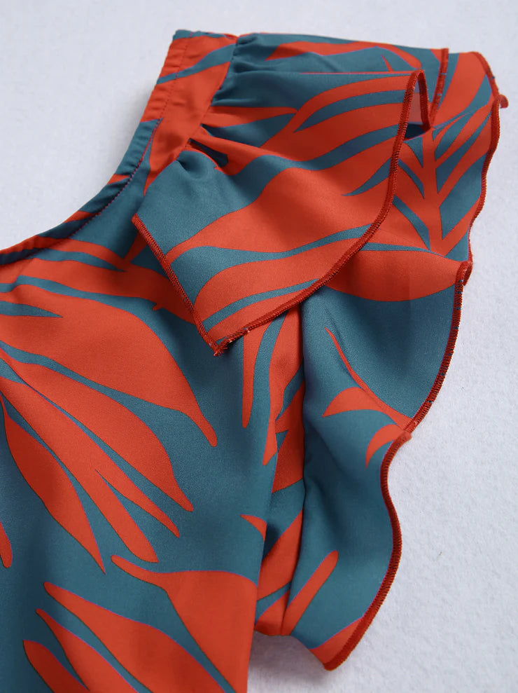 Maui Orange Palmetto Blue Asymmetrical Ruffle Maxi Dress