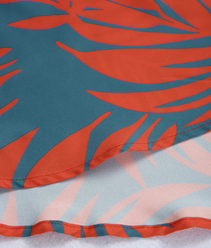 Maui Orange Palmetto Blue Asymmetrical Ruffle Maxi Dress