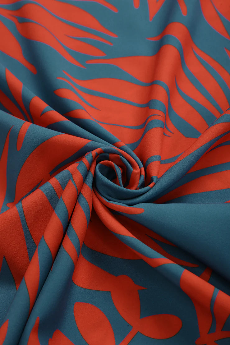 Maui Orange Palmetto Blue Asymmetrical Ruffle Maxi Dress