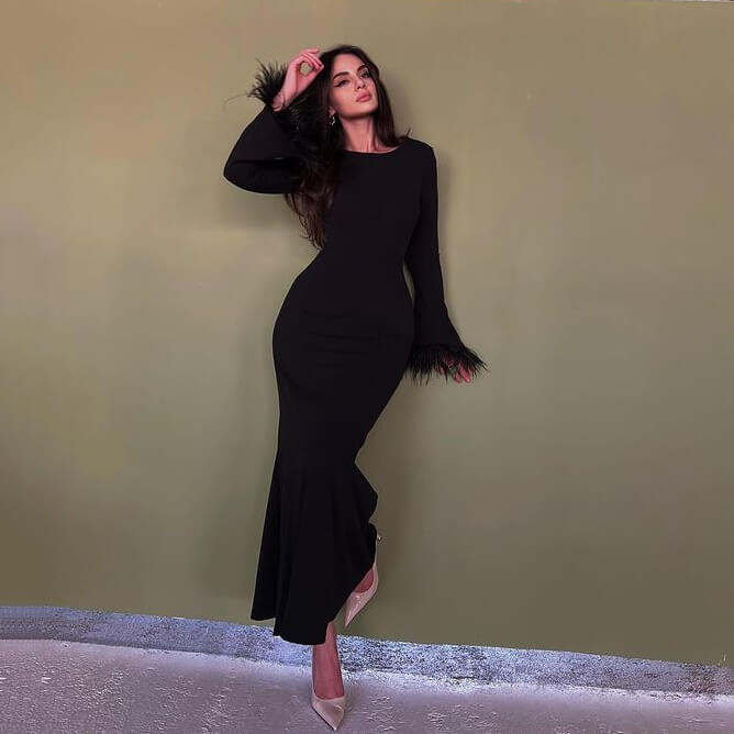 Temperament feather cuff long wrap dress