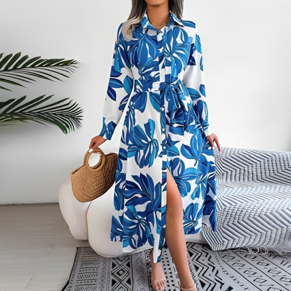 Floral Print Tie Waist Shirt Dress