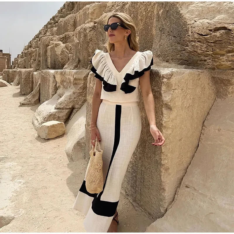 Clashing V-Neck Backless Fly Sleeve Tank Dress