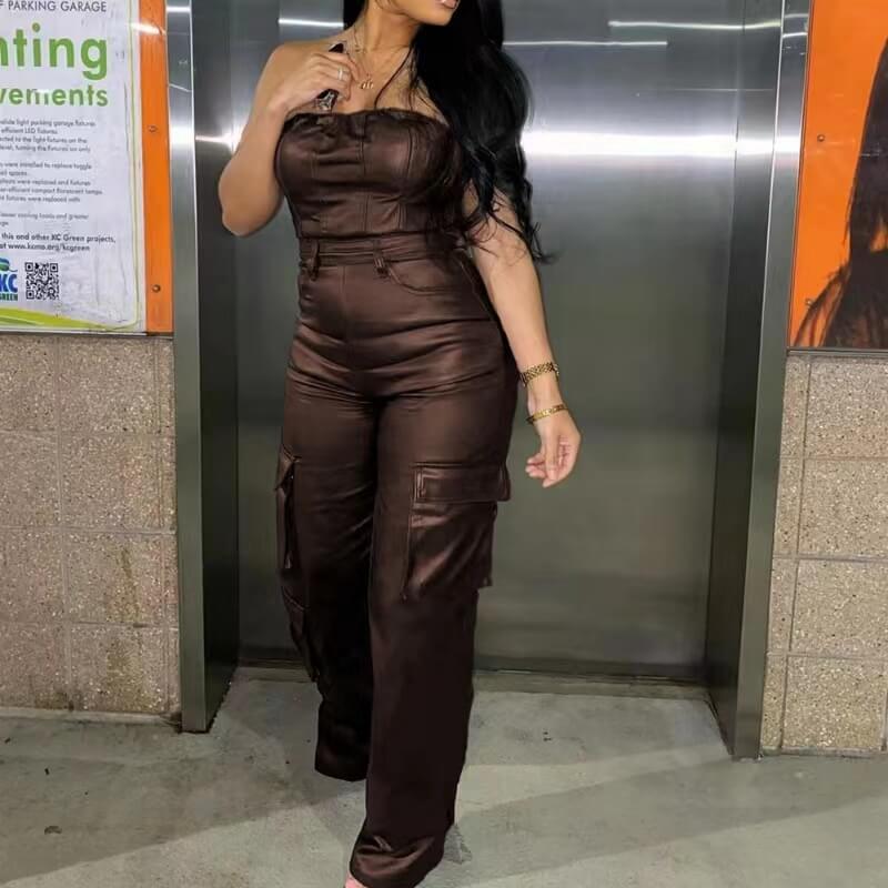 Strapless bustier waisted PU leather jumpsuit