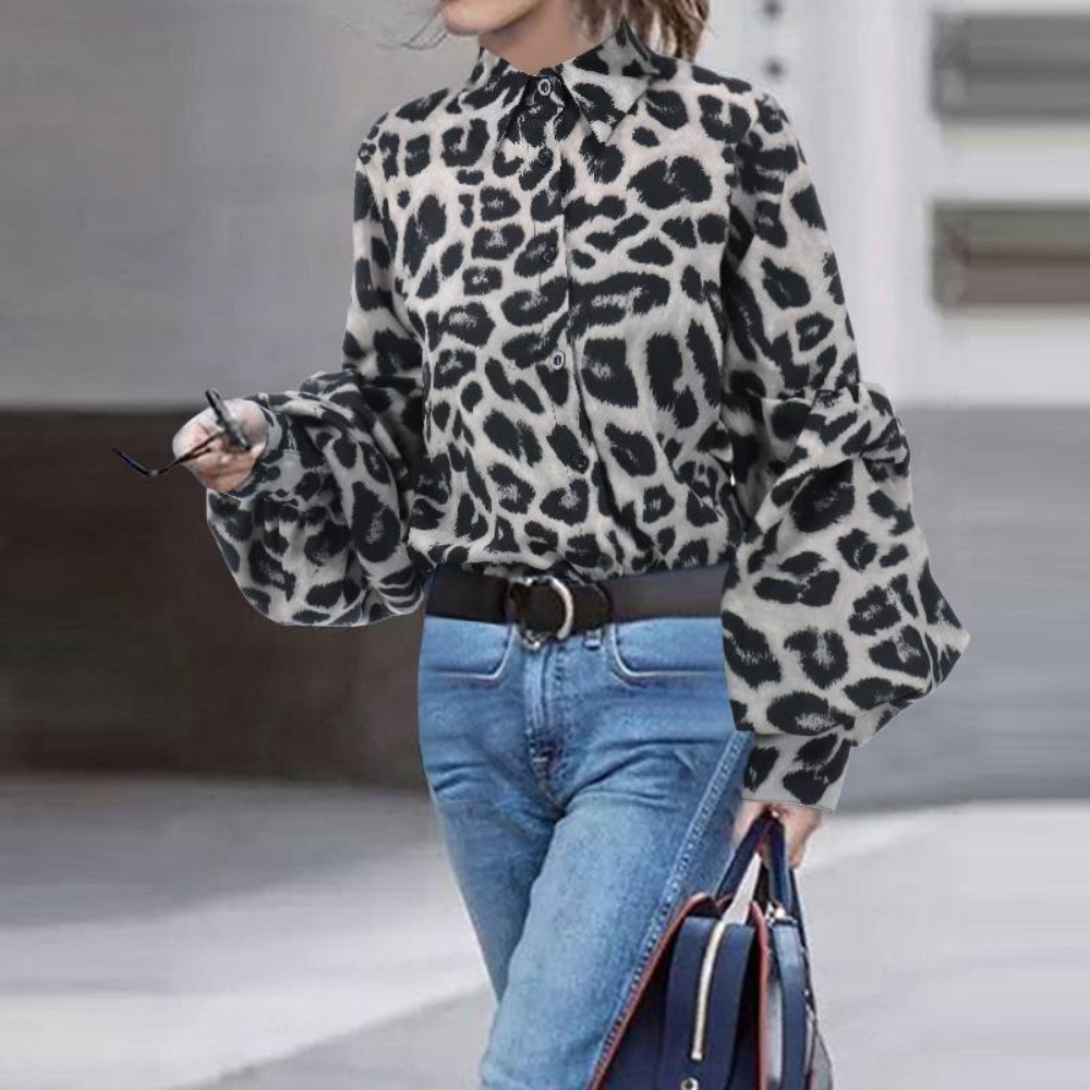 Loose-Fitting Leopard Print Polka Dot Long Sleeve Shirt