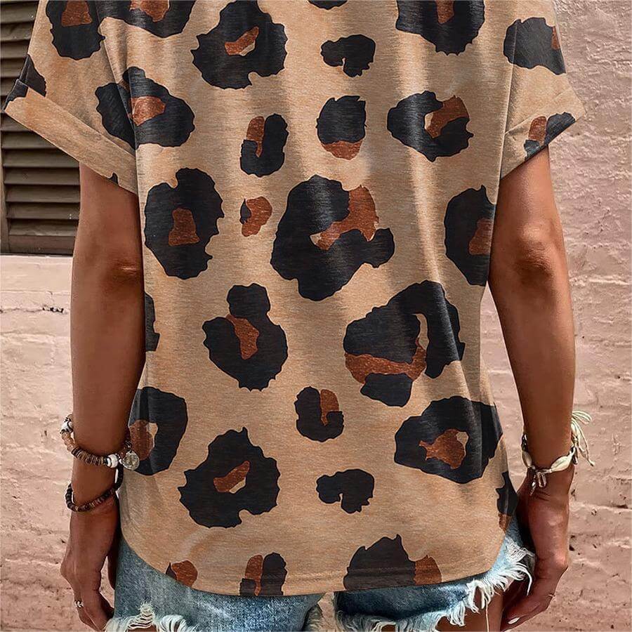 V-Neck Leopard Print Short Sleeve Shirt
