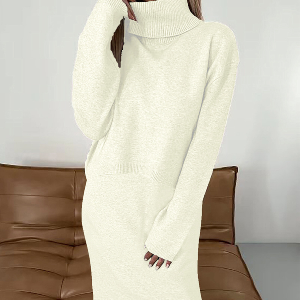 Long Pure Color Knitted Dress With High Neck