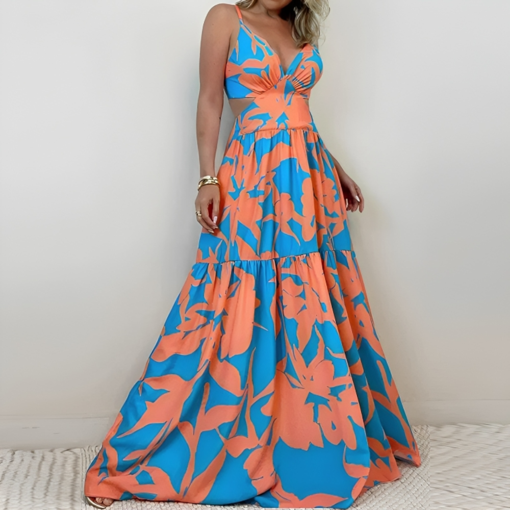 Retro Print Hollow Backless Maxi Dress