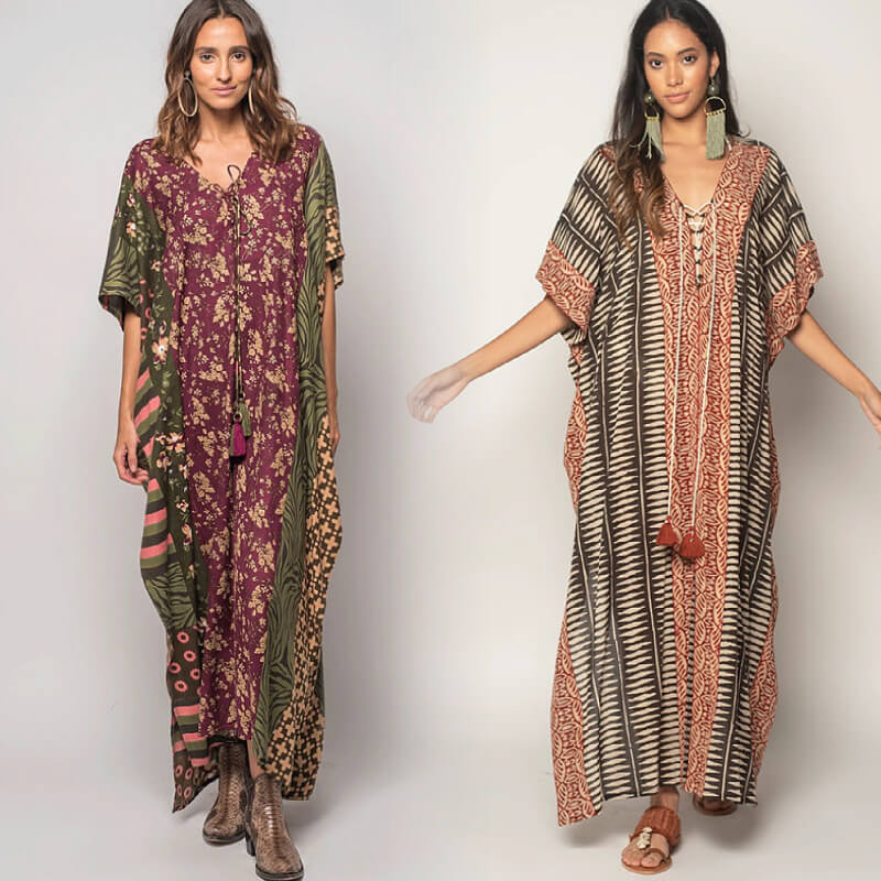 Beach Vacation Dress Coverup Printed Front and Back V-Neck Tie Bikini Sun Shirt