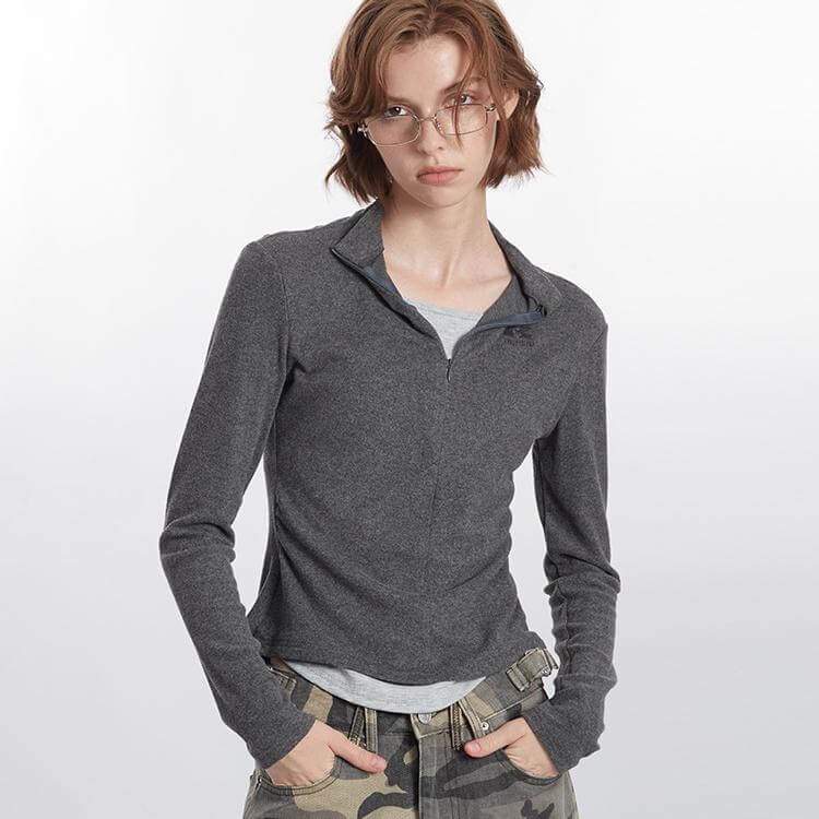 Slim Half Zipper Fake Two Piece Long Sleeve T-Shirt
