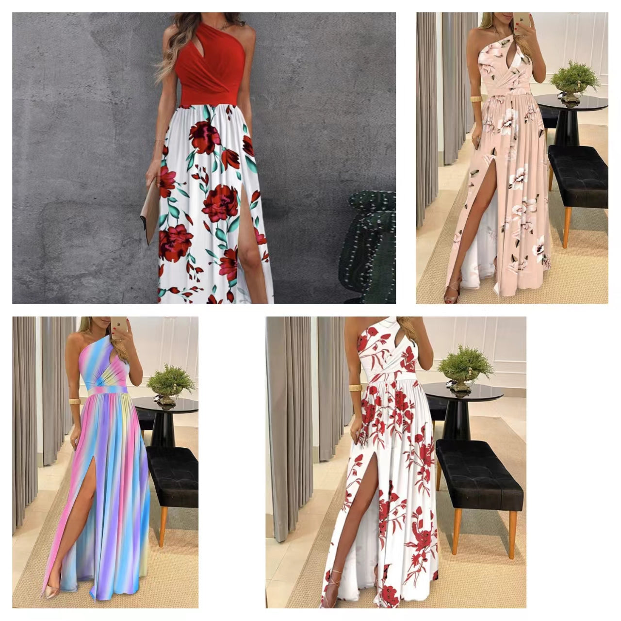 One Shoulder Slit Maxi Party Dress