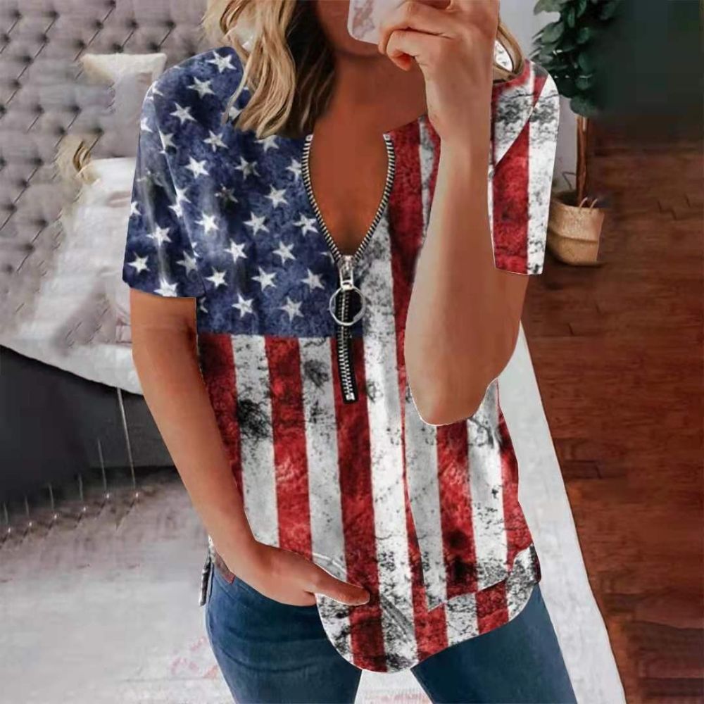 Independence Day Flag Print Zipper T-Shirts