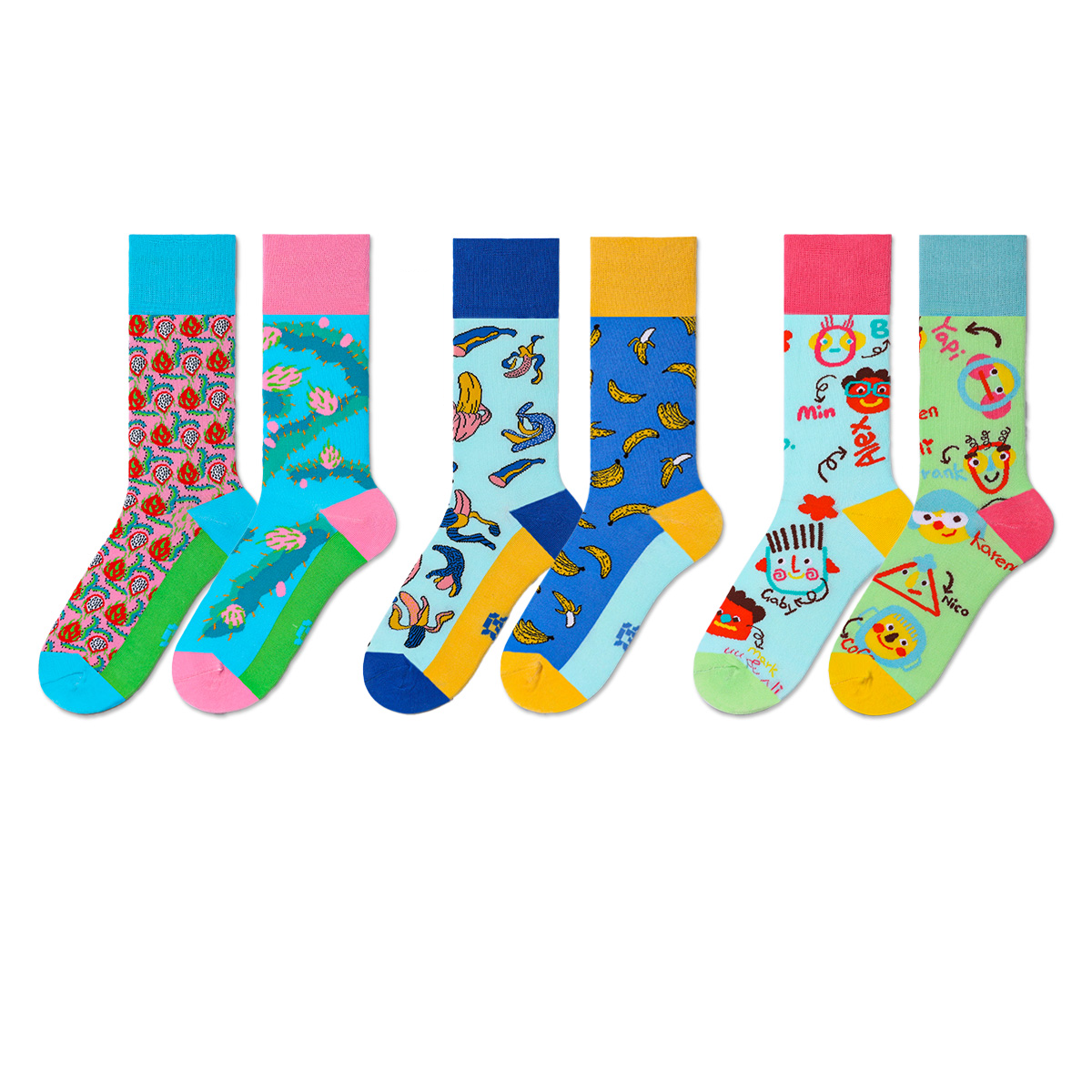 REINAREA Unisex AB Mismatched Mid-Calf Socks - Fun Cartoon Print for Trendy Daily Looks【065】