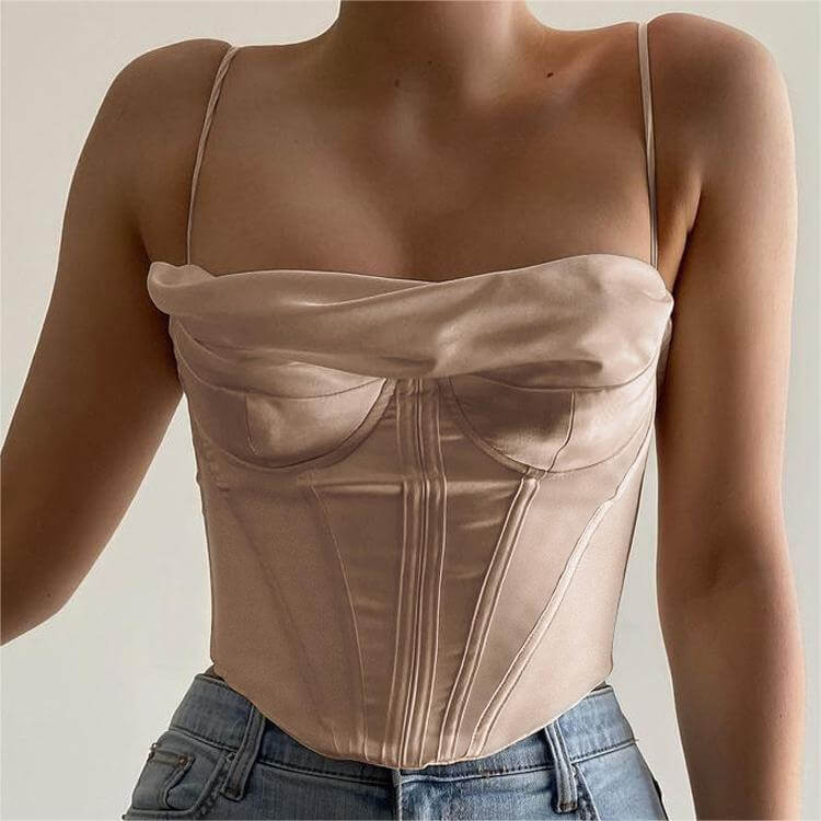 Sexy Stacked Neck Satin Fishbone Chest Pad Tank Top