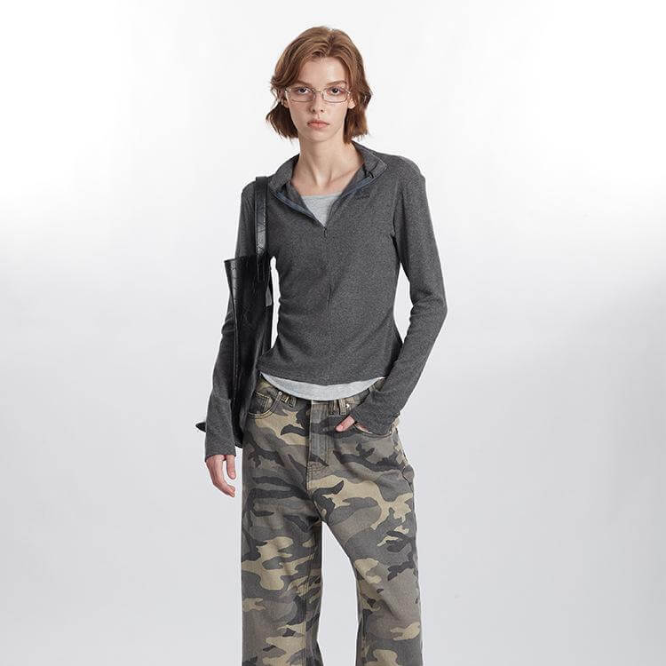 Slim Half Zipper Fake Two Piece Long Sleeve T-Shirt