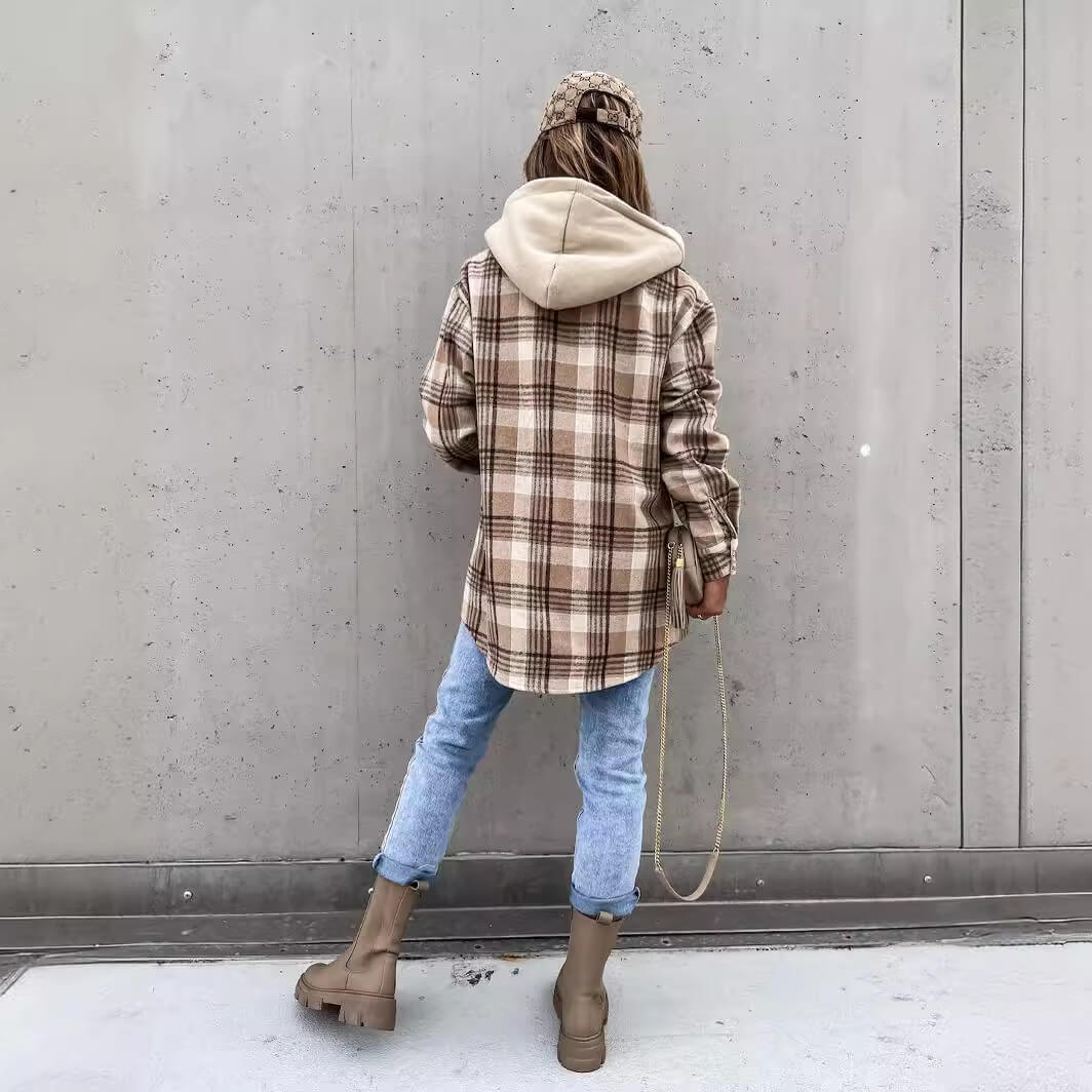 Hooded Loose Plaid Button Down Shirt Jacket