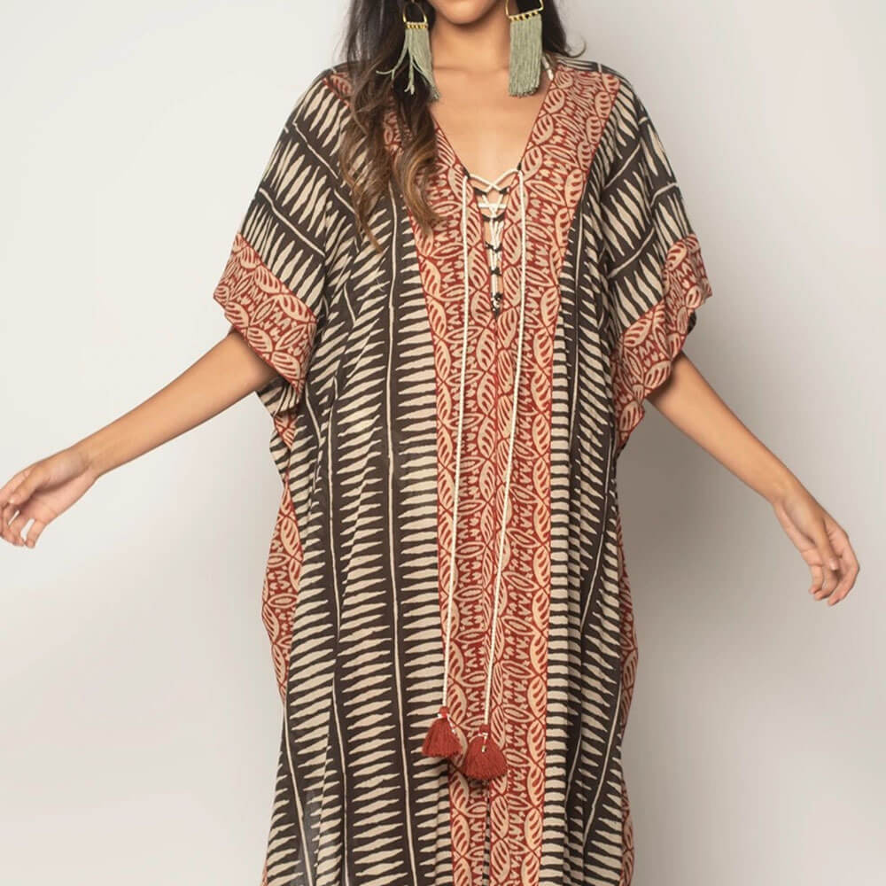 Beach Vacation Dress Coverup Printed Front and Back V-Neck Tie Bikini Sun Shirt