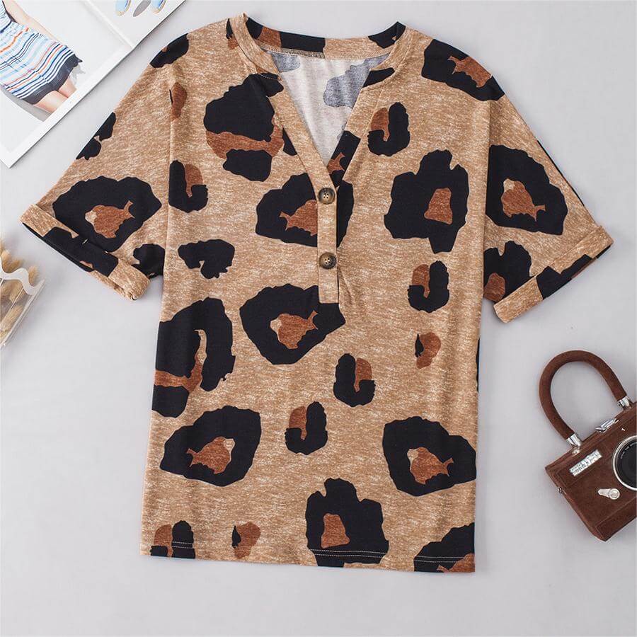 V-Neck Leopard Print Short Sleeve Shirt