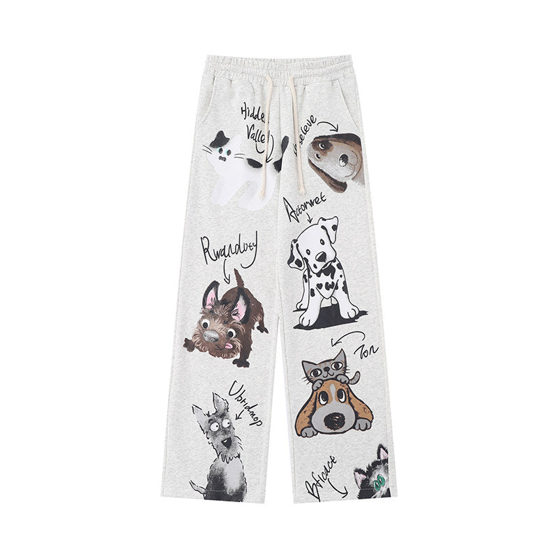 REINAREA New Spring Summer Women's Cartoon Print Pants Loose Straight Wide-Leg Casual Sports Trousers