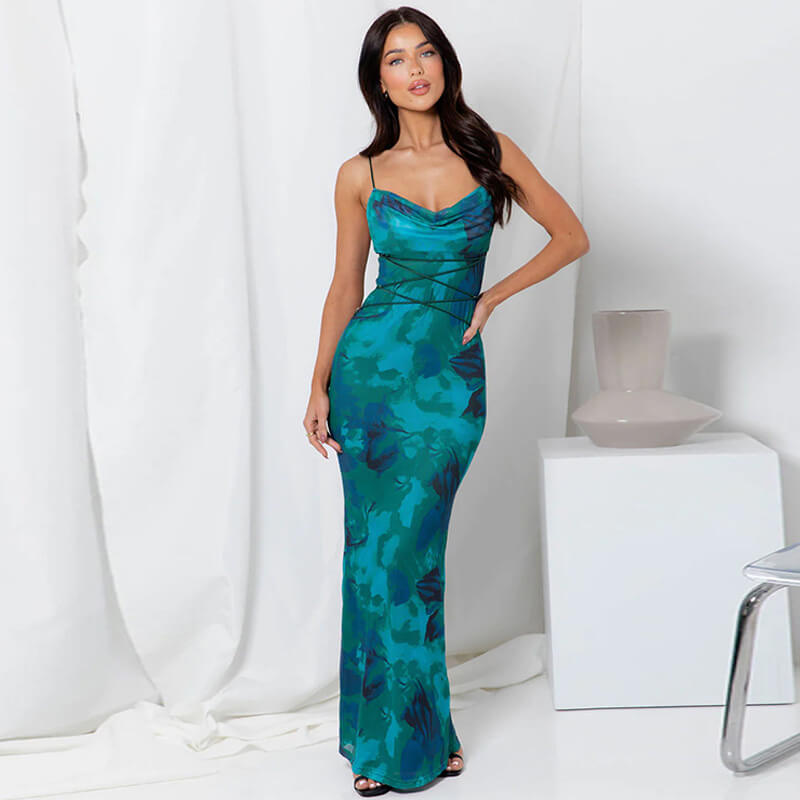 Lace-up Slim Printed Halter Dress