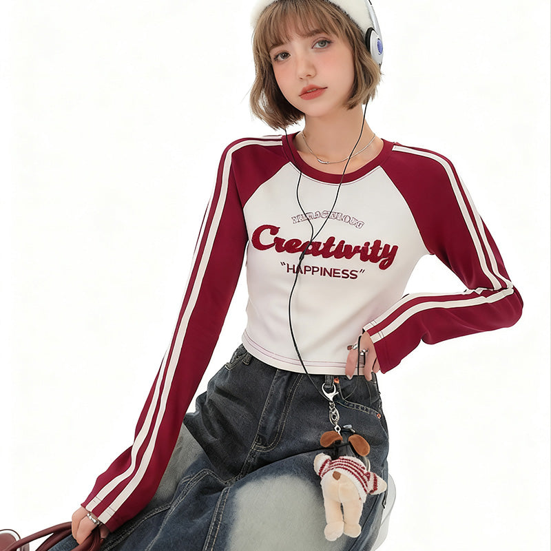 REINAREA Women’s Y2K-Inspired Raglan Long-Sleeve T-Shirt Cropped Top