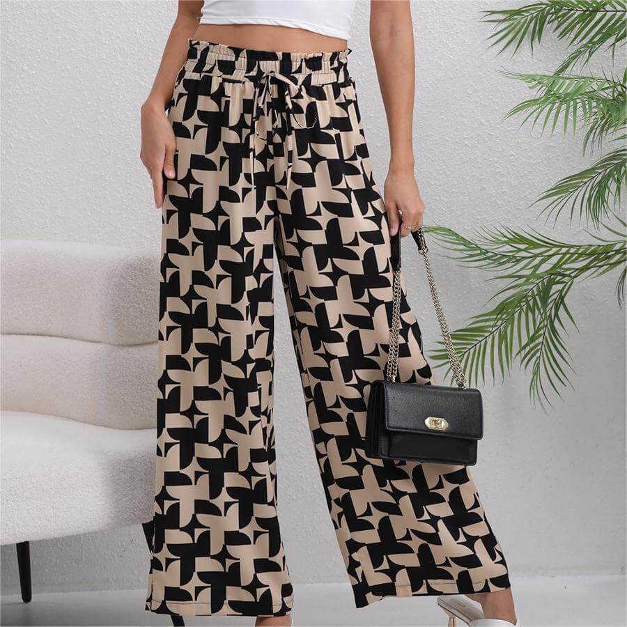 Casual Printed Loose Wooden Trim Pants