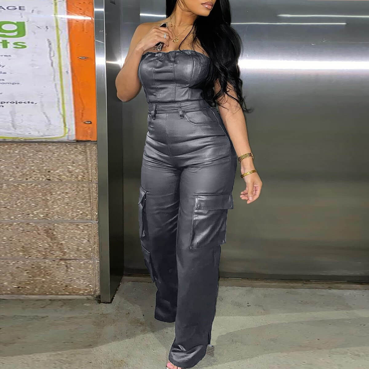 Strapless bustier waisted PU leather jumpsuit