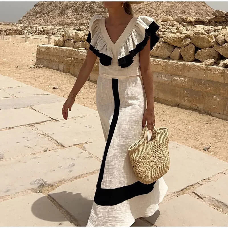 Clashing V-Neck Backless Fly Sleeve Tank Dress