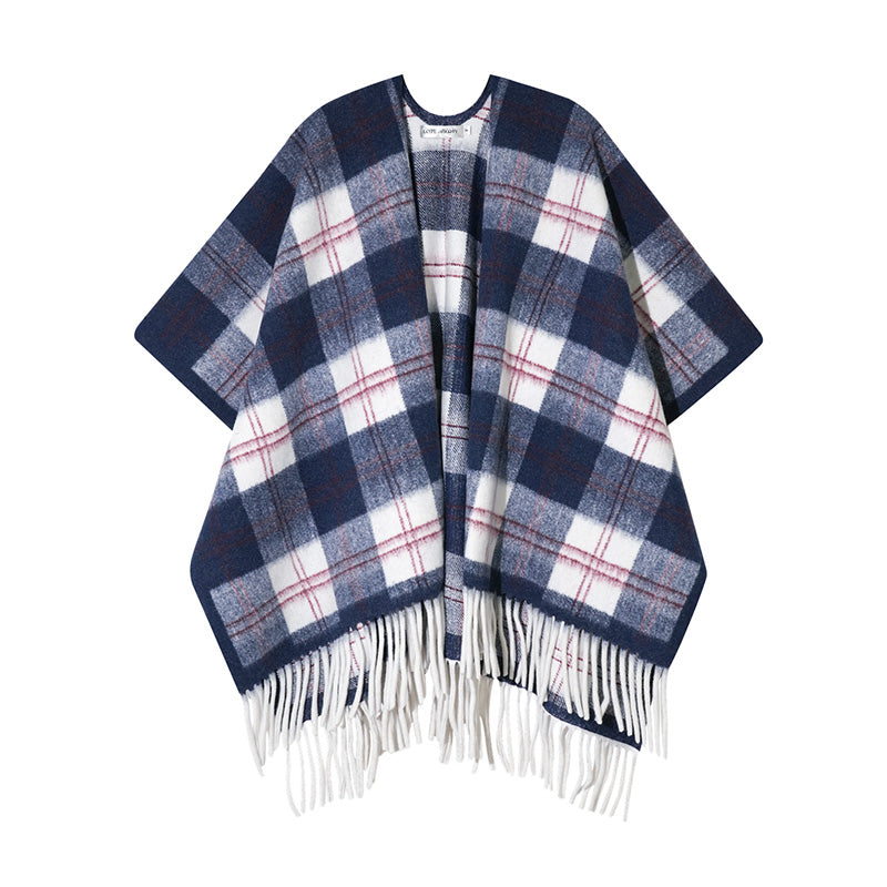 REINAREA Vintage Plaid Fringed Shawl Scarf (Brown & Gray-Blue)