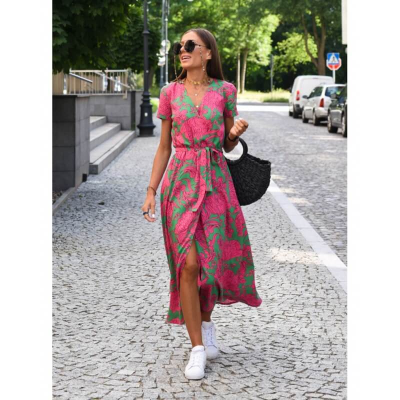 V-Neck Split Mid-Length Printed Dress
